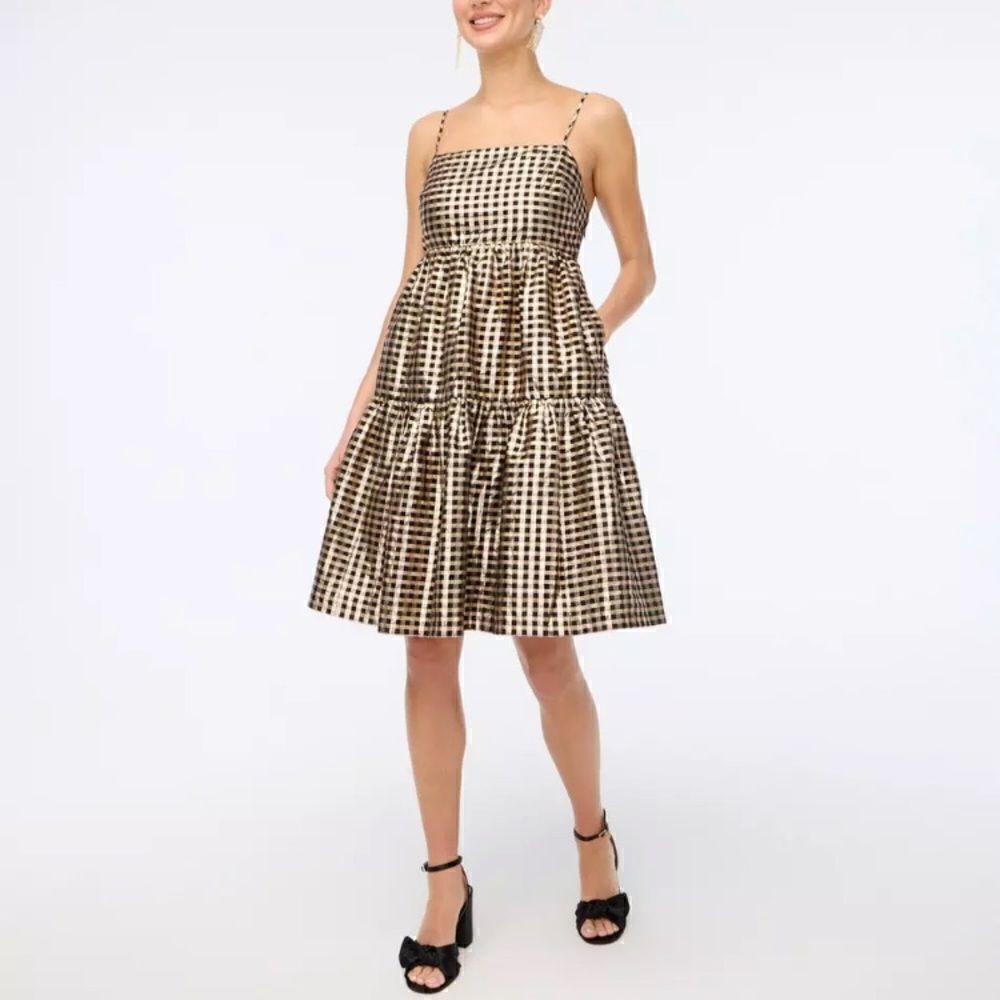 J Crew Lurex Metallic Gingham Tiered Mini Dress
